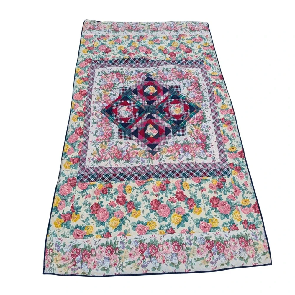 Vtg‎ Floral Plaid Patchwork Twin Coverlet Table Cloth Cover 56x96